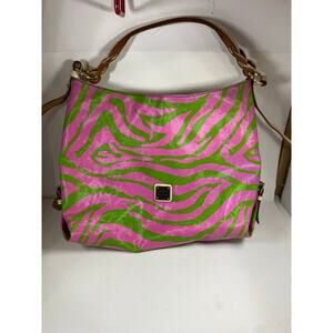 Dooney & Bourke Zebra Print Pink/Green Hobo Tote Leather Shoulder Bag